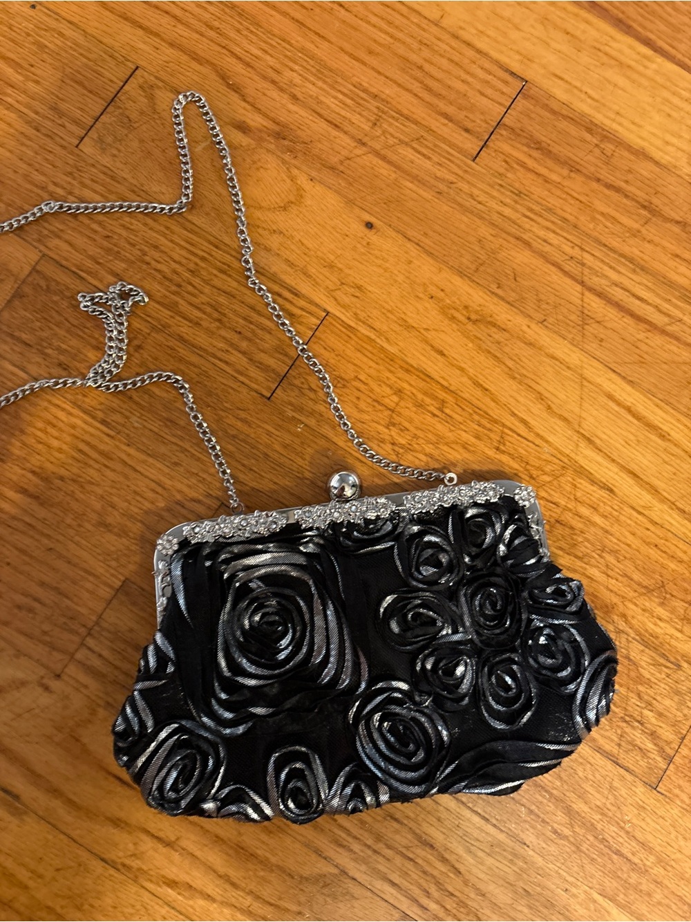 Elegant Black Rose Satin Evening Clutch with Silver Chain